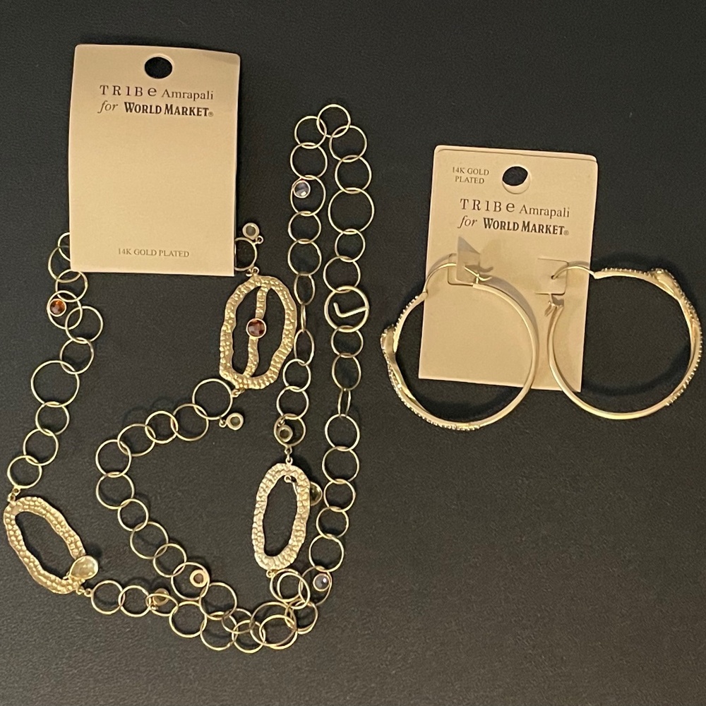 Tribe Amrapali World Market 14k Gold Plated Crystal Long Necklace Hoop Earrings